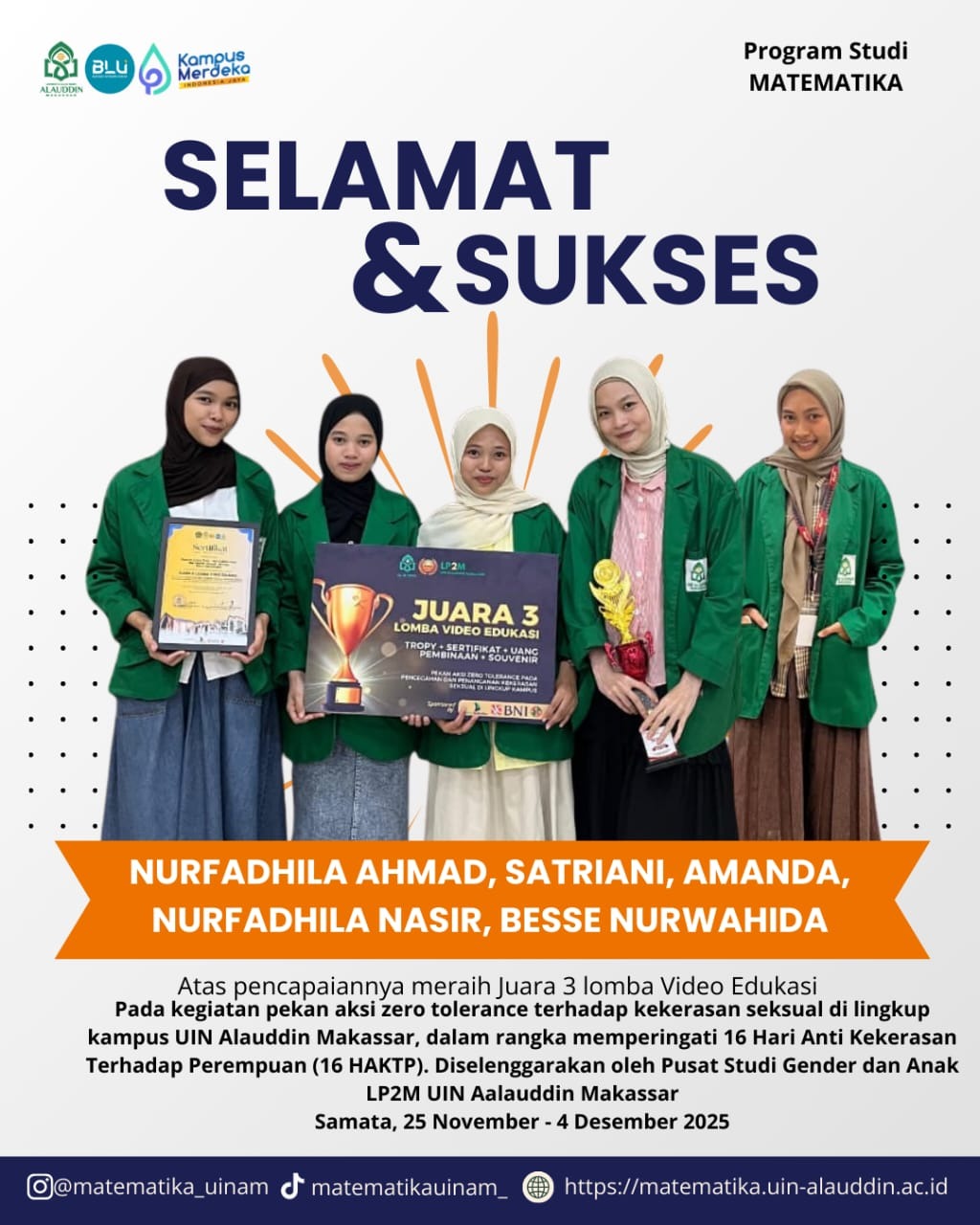 Mahasiswa Matematika Raih Juara pada Pekan Aksi Zero Tolerance terhadap Kekerasan Seksual di UIN Alauddin Makassar